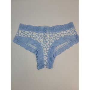 PINK Victorias Secret Blue Floral Ribbed Lace Trim Cheeky Panty Small NEW